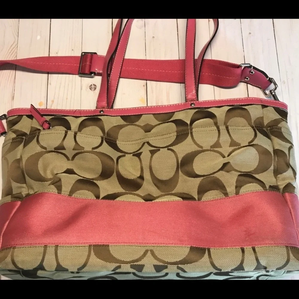 Coach Signature Multifunction Diaper Pink/Khaki Canvas/Patent Leather Diaper Bag